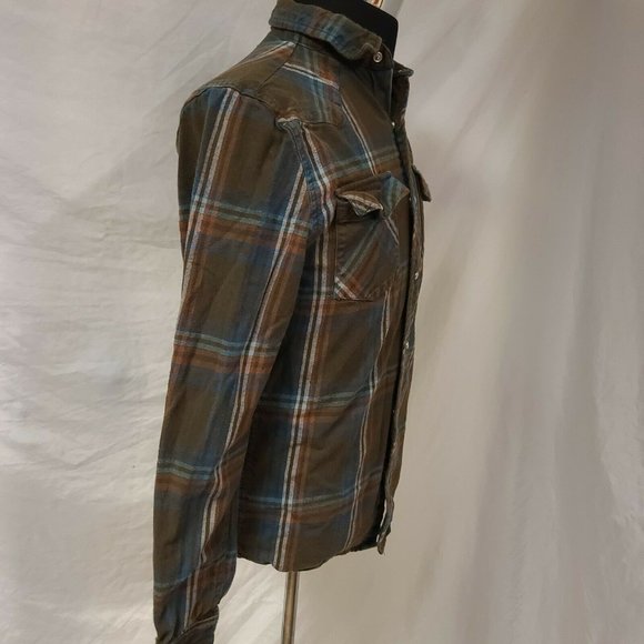 Route 66 Mens Large Brown Blue Stripe Flannel Pearl Snap Western Shirt - Picture 9 of 10